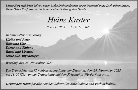 Traueranzeige von Heinz Küster von Wetzlarer Neue Zeitung