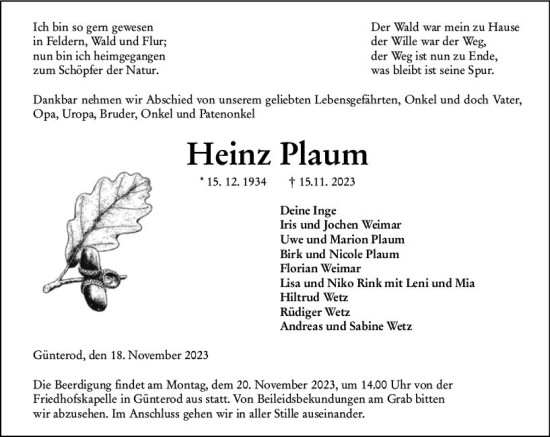 Traueranzeige von Heinz Plaum von Hinterländer Anzeiger