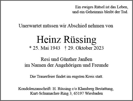 Traueranzeige von Heinz Rüssing von Wiesbadener Kurier