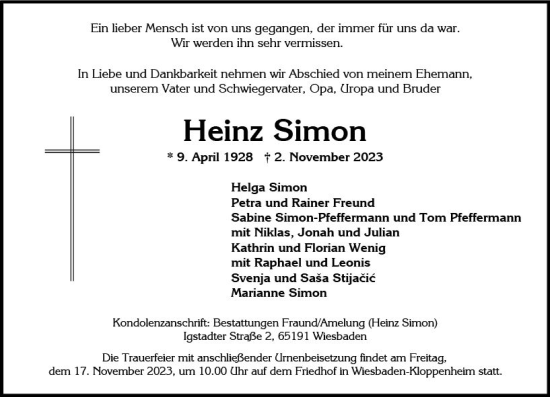 Traueranzeige von Heinz Simon von Wiesbadener Kurier
