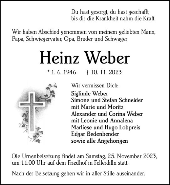 Traueranzeige von Heinz Weber von Dill Block Traueranzeige von Heinz Weber von Dill Block
