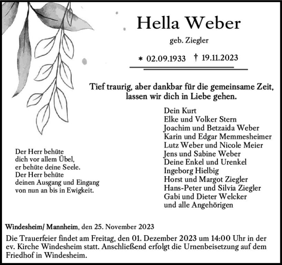 Traueranzeige von Hella Weber von Allgemeine Zeitung Bad Kreuznach