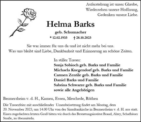 Traueranzeige von Helma Barks von Allgemeine Zeitung Alzey