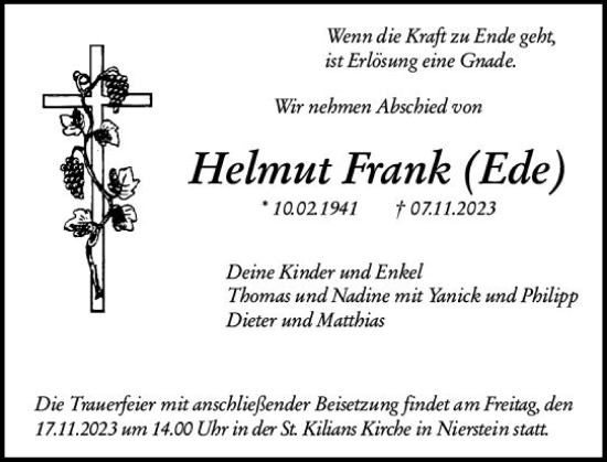 Traueranzeige von Helmut Frank von Allgemeine Zeitung Mainz