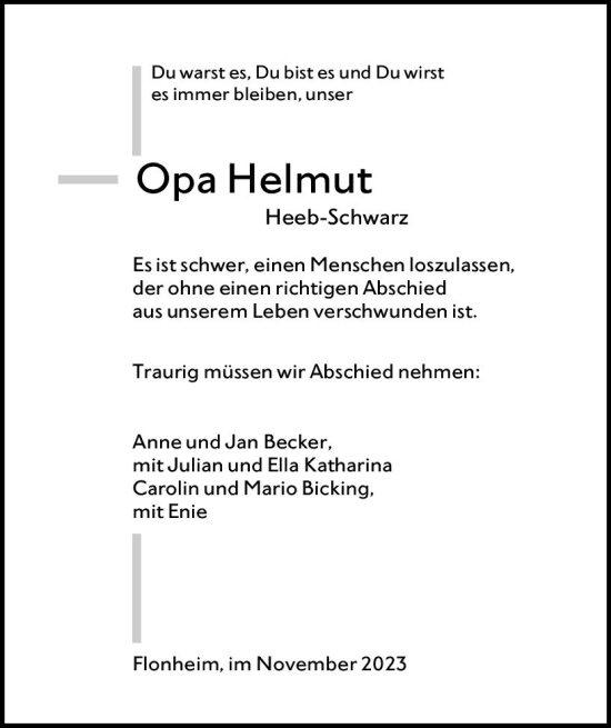 Traueranzeige von Helmut Heeb-Schwarz von Allgemeine Zeitung Alzey