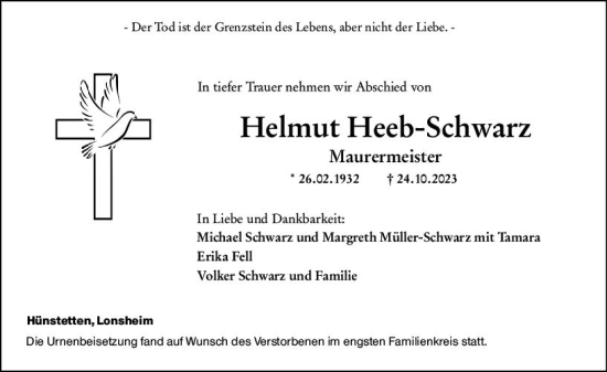 Traueranzeige von Helmut Heeb-Schwarz von Allgemeine Zeitung Alzey