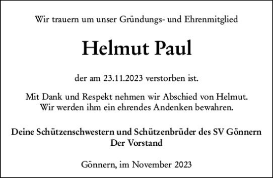 Traueranzeige von Helmut Paul von Hinterländer Anzeiger