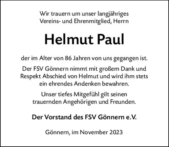 Traueranzeige von Helmut Paul von Hinterländer Anzeiger