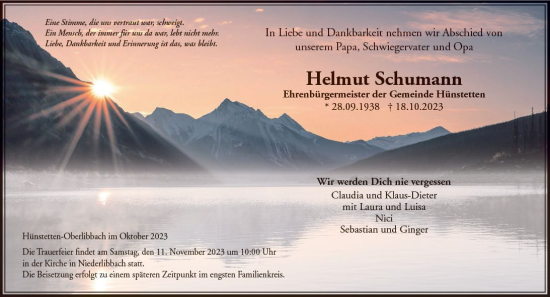 Traueranzeige von Helmut Schumann von Wiesbadener Kurier