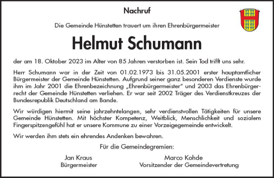 Traueranzeige von Helmut Schumann von Wiesbadener Kurier