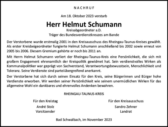 Traueranzeige von Helmut Schumann von Idsteiner Land/Untertaunus