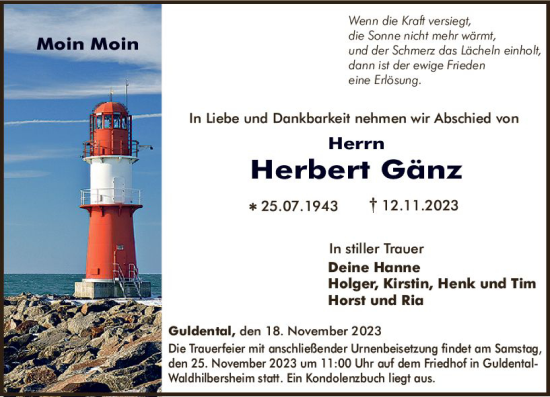 Traueranzeige von Herbert Gänz von Allgemeine Zeitung Bad Kreuznach