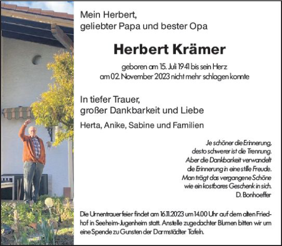 Traueranzeige von Herbert Krämer von Darmstädter Echo