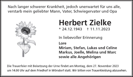 Traueranzeige von Herbert Zielke von Idsteiner Land/Untertaunus