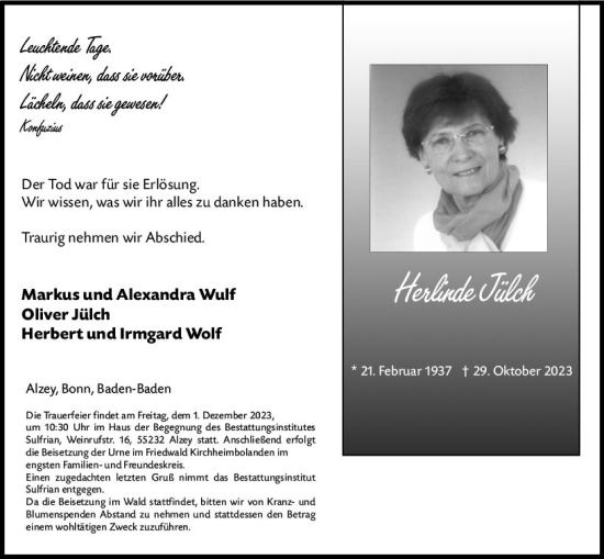 Traueranzeige von Herlinde Jülch von Allgemeine Zeitung Alzey