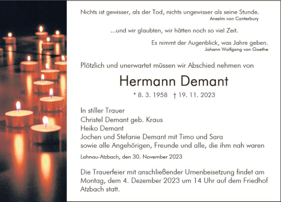 Traueranzeige von Hermann Demant von Wetzlarer Neue Zeitung