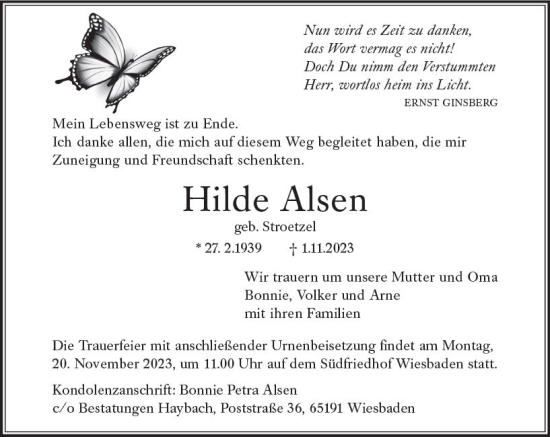 Traueranzeige von Hilde Alsen von Wiesbadener Kurier