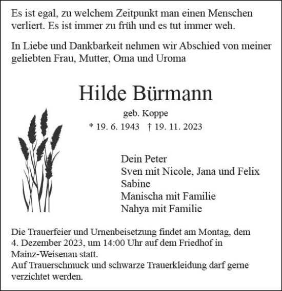 Traueranzeige von Hilde Bürmann von Allgemeine Zeitung Mainz