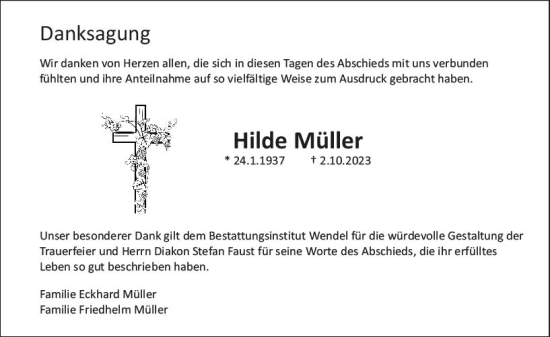 Traueranzeige von Hilde Müller von Allgemeine Zeitung Bingen/Ingelheim