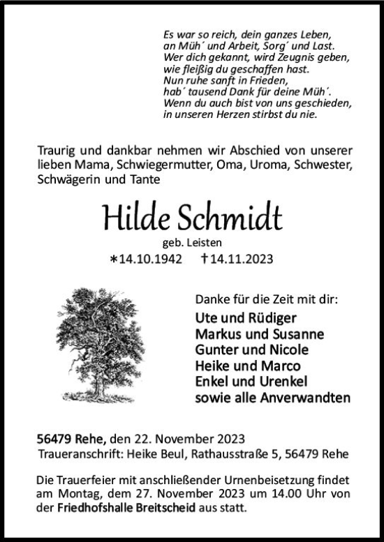 Traueranzeige von Hilde Schmidt von Dill Block