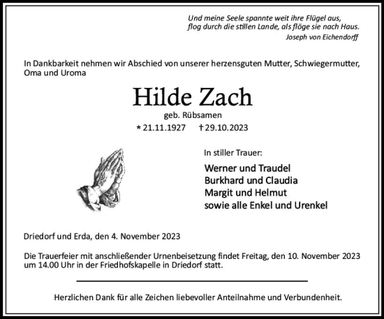 Traueranzeige von Hilde Zach von Dill Block