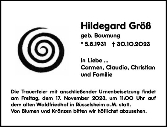 Traueranzeige von Hildegard Größ von Rüsselsheimer Echo