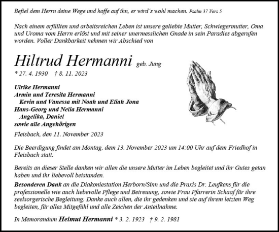 Traueranzeige von Hiltrud Hermanni von Dill Block