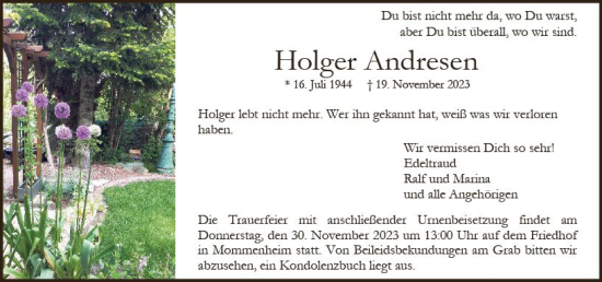 Traueranzeige von Holger Andresen von Allgemeine Zeitung Mainz