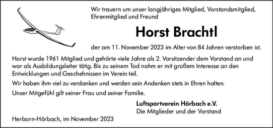 Traueranzeige von Horst Brachtl von Dill Block