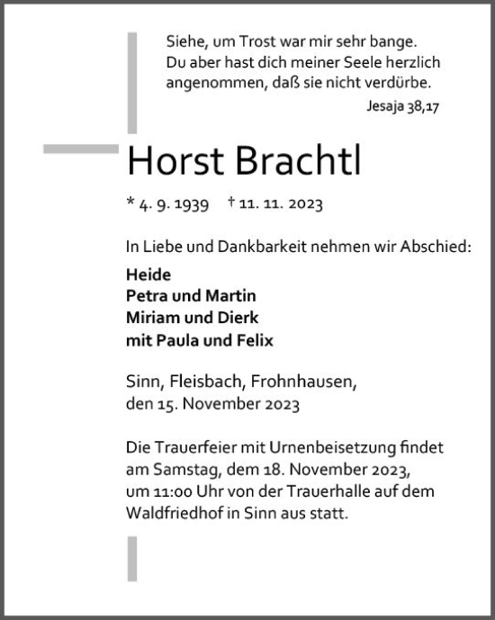 Traueranzeige von Horst Brachtl von Dill Block