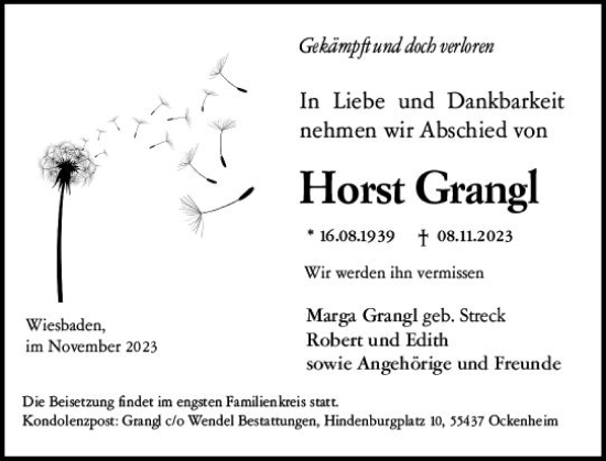 Traueranzeige von Horst Grangl von Wiesbadener Kurier
