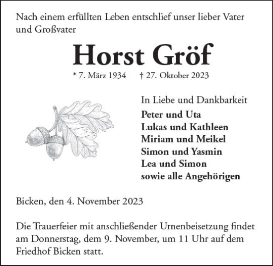 Traueranzeige von Horst Gröf von Dill Block