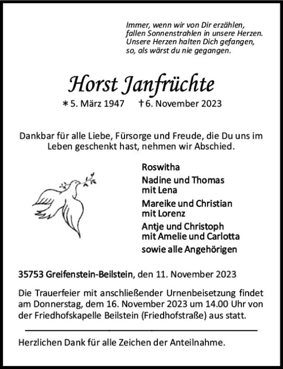 Traueranzeige von Horst  Janfrüchte von Wetzlarer Neue Zeitung