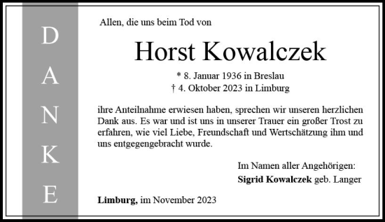 Traueranzeige von Horst Kowalczek von Nassauische Neue Presse