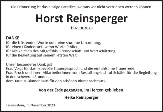 Traueranzeige von Horst Reinsperger von Wiesbadener Kurier