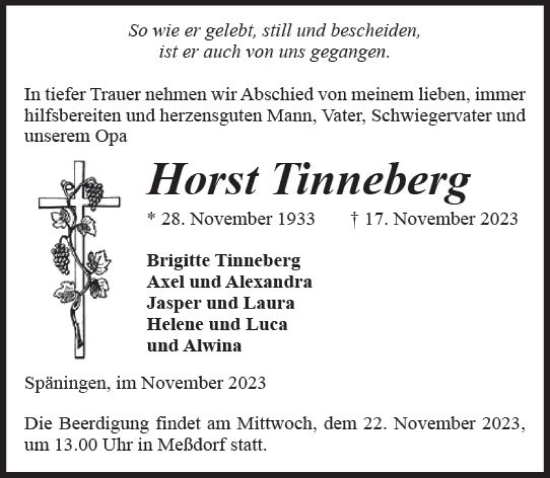 Traueranzeige von Horst Tinneberg von Wormser Zeitung