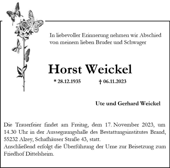 Traueranzeige von Horst Weickel von Wormser Zeitung