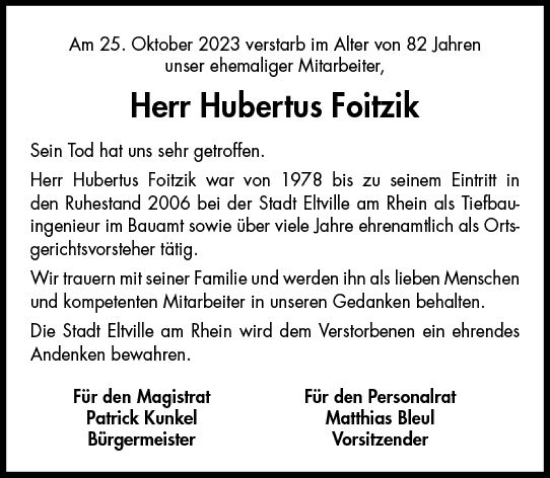 Traueranzeige von Hubertus Foitzik von Rheingau Kurier