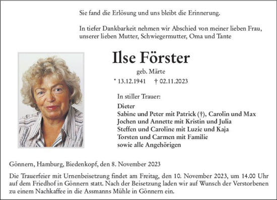 Traueranzeige von Ilse Förster von Hinterländer Anzeiger