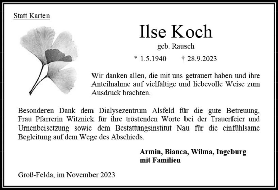 Traueranzeige von Ilse Koch von Oberhessen Kurier