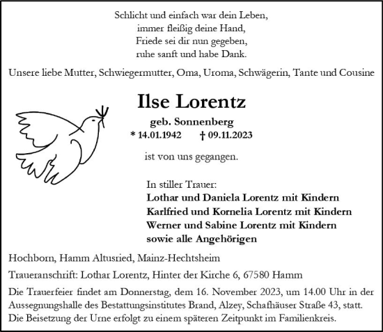 Traueranzeige von Ilse Lorentz von Allgemeine Zeitung Alzey