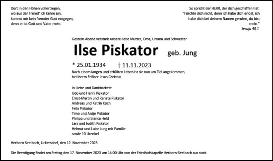 Traueranzeige von Ilse Piskator von Dill Block