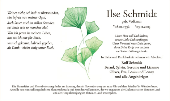 Traueranzeige von Ilse Schmidt von Idsteiner Land/Untertaunus