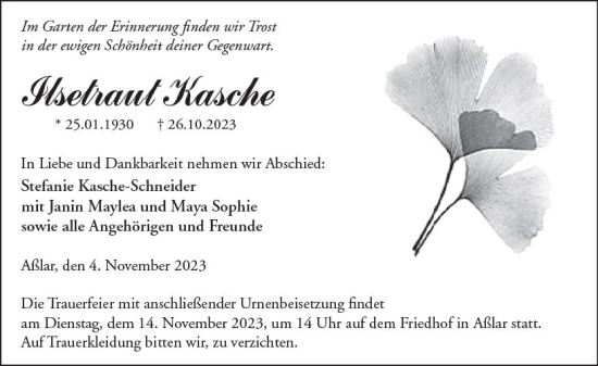 Traueranzeige von Ilsetraut Kasche von Wetzlarer Neue Zeitung