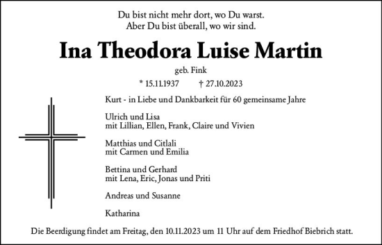 Traueranzeige von Ina Theodora Luise Martin von Wiesbadener Kurier