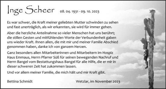 Traueranzeige von Inge Scheer von Wetzlarer Neue Zeitung