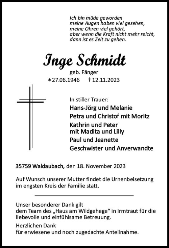 Traueranzeige von Inge Schmidt von Dill Block