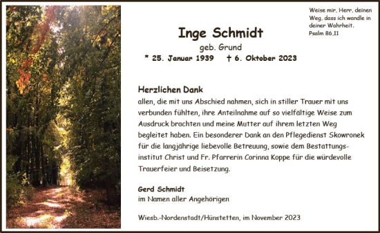 Traueranzeige von Inge Schmidt von Wiesbadener Kurier
