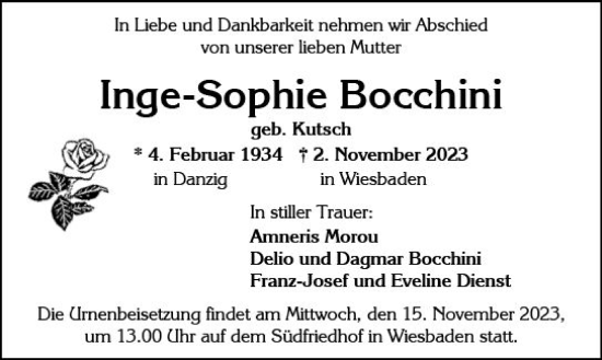 Traueranzeige von Inge-Sophie Bocchini von Wiesbadener Kurier