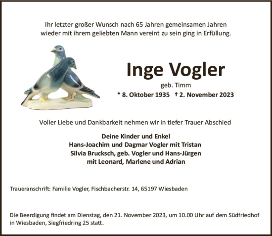 Traueranzeige von Inge Vogler von Wiesbadener Kurier